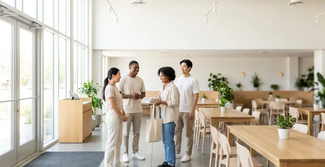 Nouveau serveur accueilli chaleureusement par l'équipe dans un restaurant lumineux