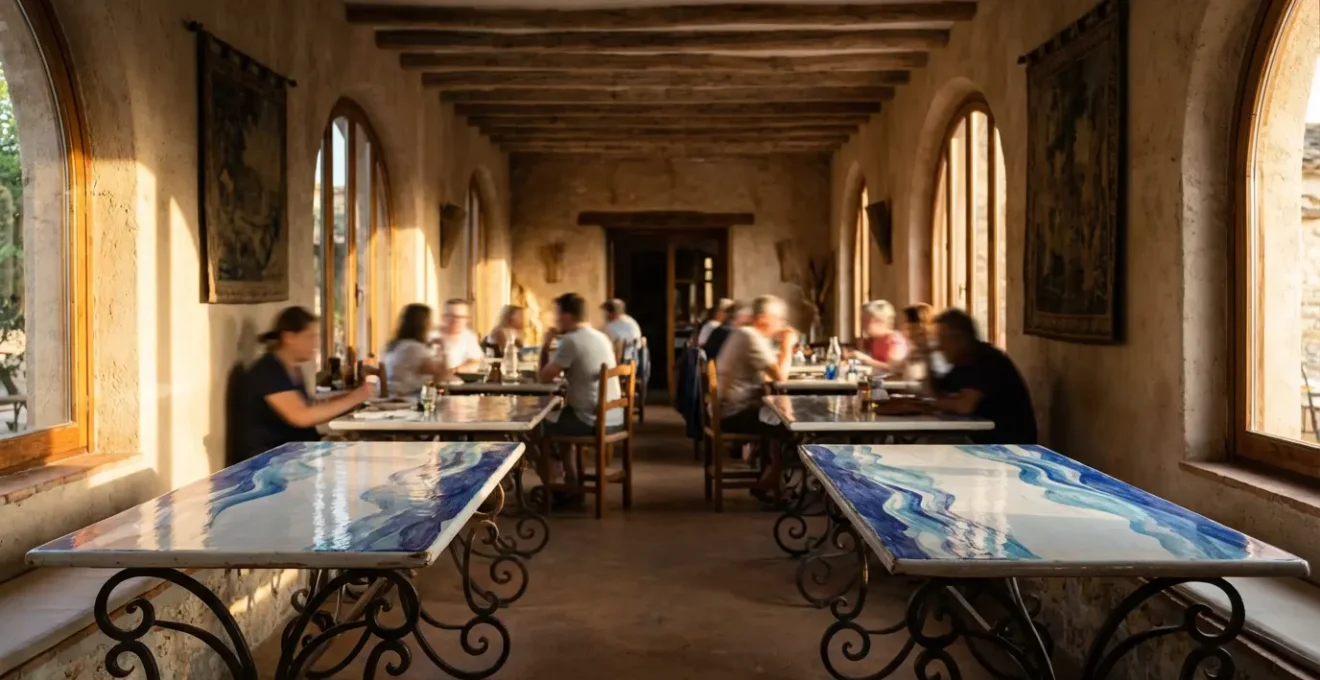 Vue d'ensemble d'un restaurant marseillais avec mobilier artisanal en céramique et fer forgé