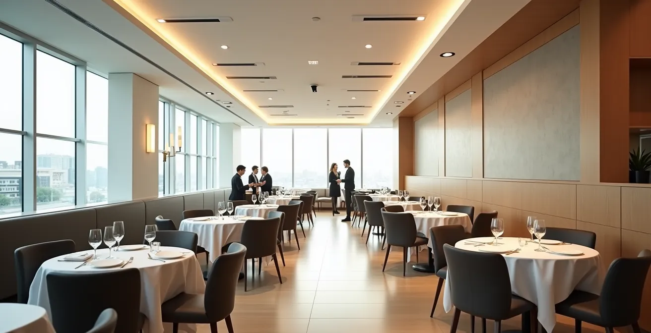 Vue minimaliste d'un restaurant d'affaires avec système audio discret intégré au plafond