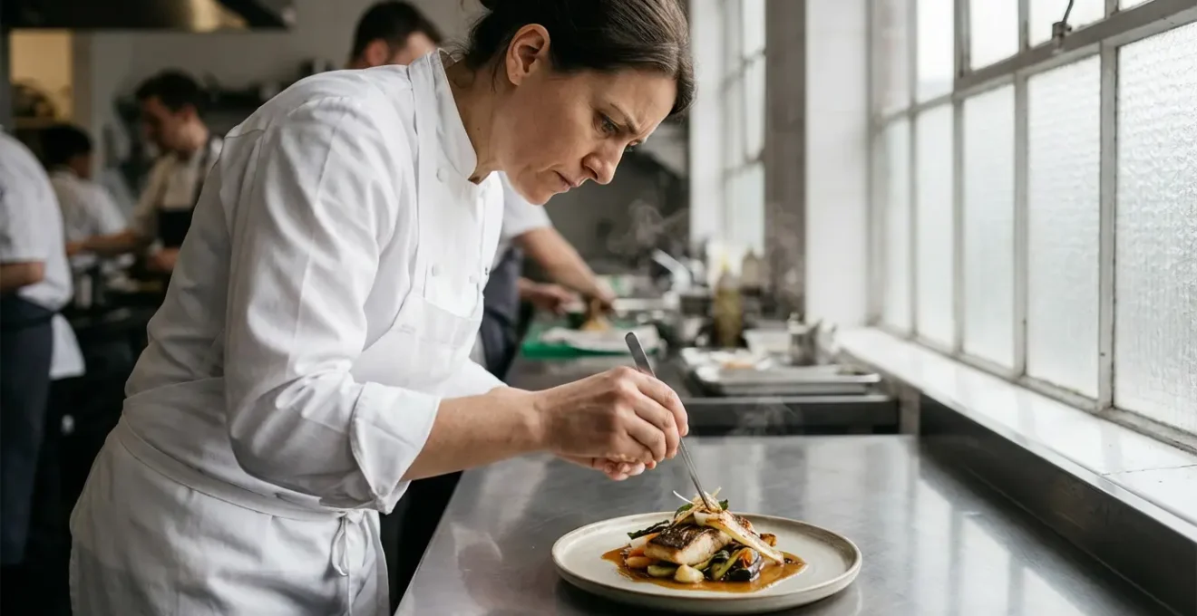 Chef en cuisine professionnelle inspectant la salubrité d'une assiette sous lumière naturelle