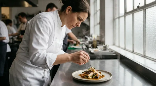 Chef en cuisine professionnelle inspectant la salubrité d'une assiette sous lumière naturelle