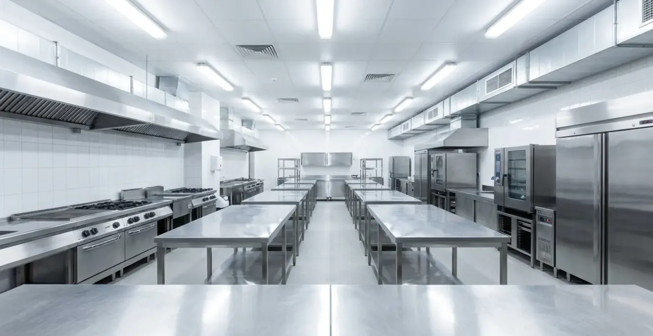Vue d'ensemble d'une cuisine de restaurant moderne et impeccable avec des surfaces en inox brillantes et du matériel professionnel parfaitement rangé