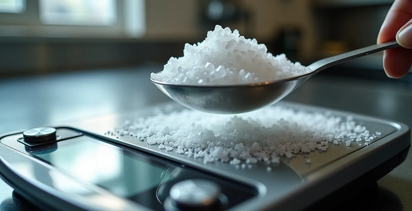Balance de précision professionnelle pesant du sel fin dans une cuisine de restaurant