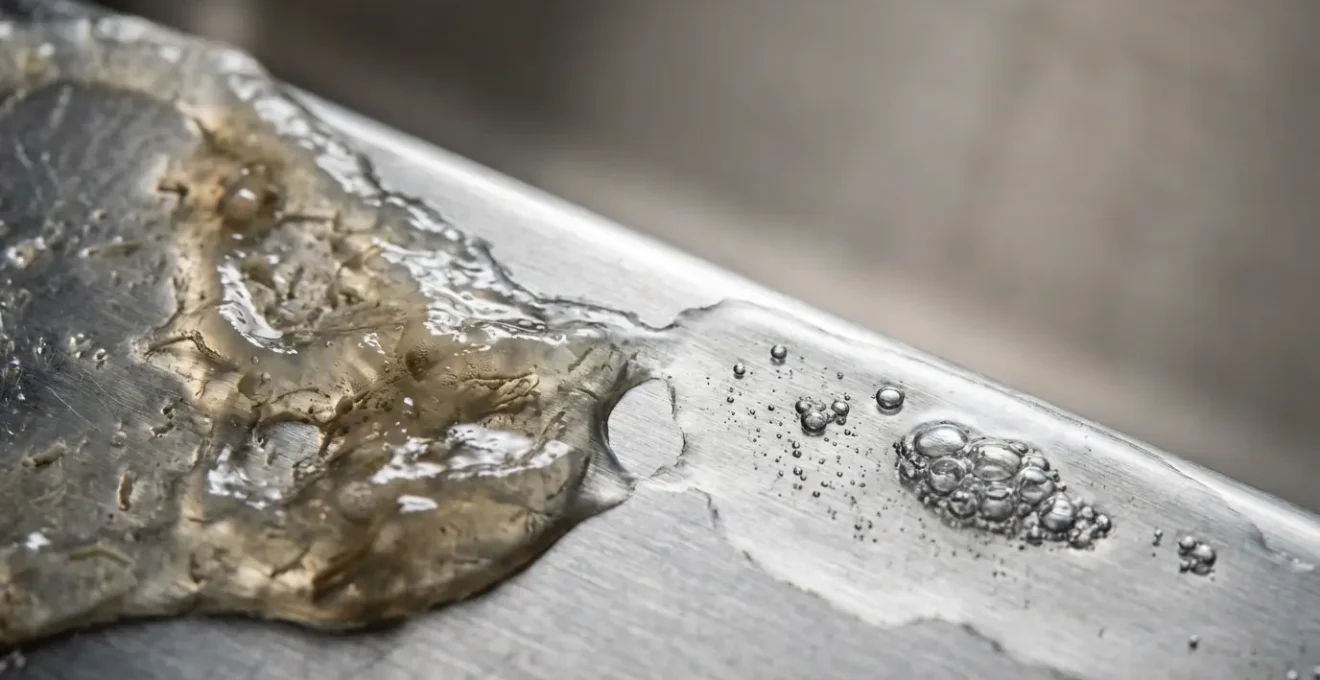 Vue microscopique d'une surface en acier inoxydable de cuisine avec formation de biofilm visible et action de nettoyage enzymatique