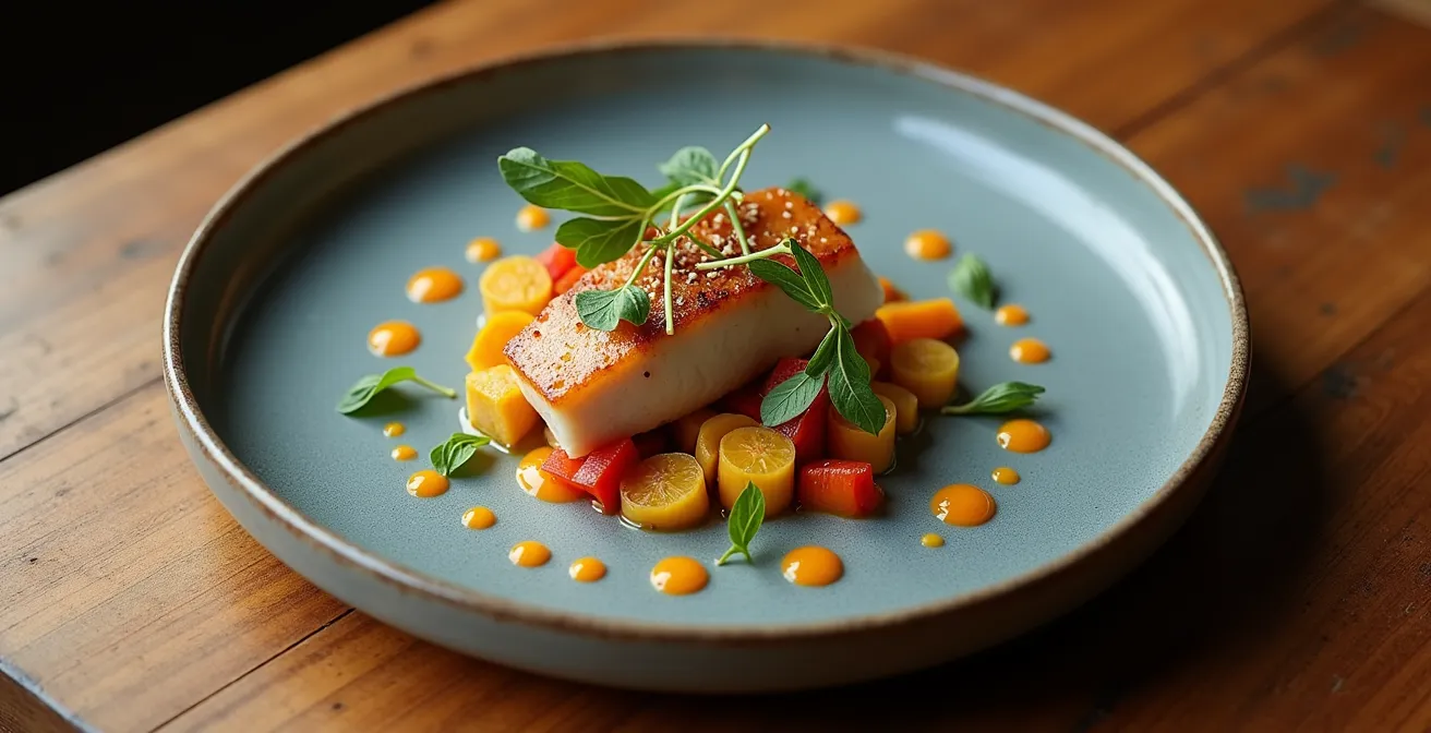 Plat bistronomique élégamment dressé sur assiette minimaliste