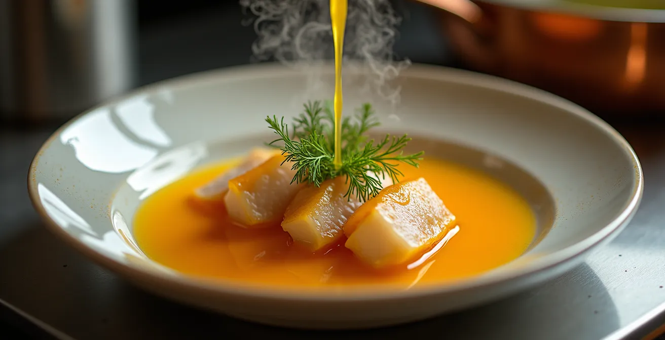 Préparation d'une bouillabaisse modernisée avec techniques contemporaines dans une cuisine professionnelle