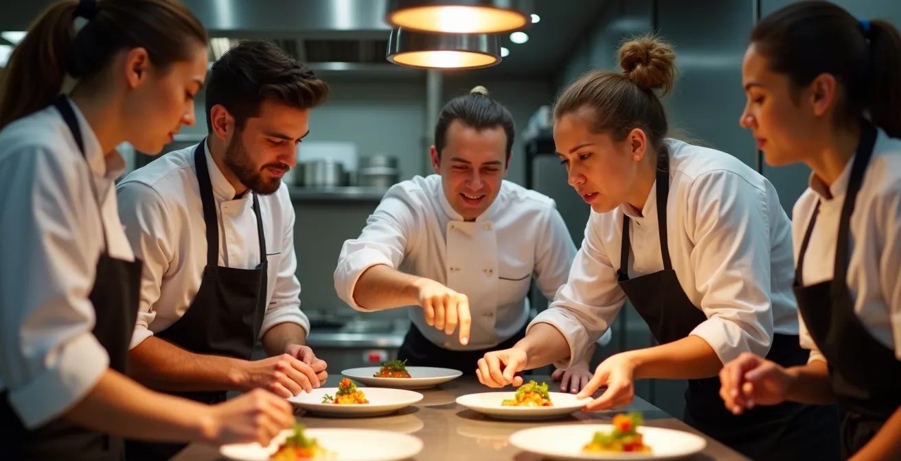 Formation d'équipe en cuisine avec chef expliquant les processus