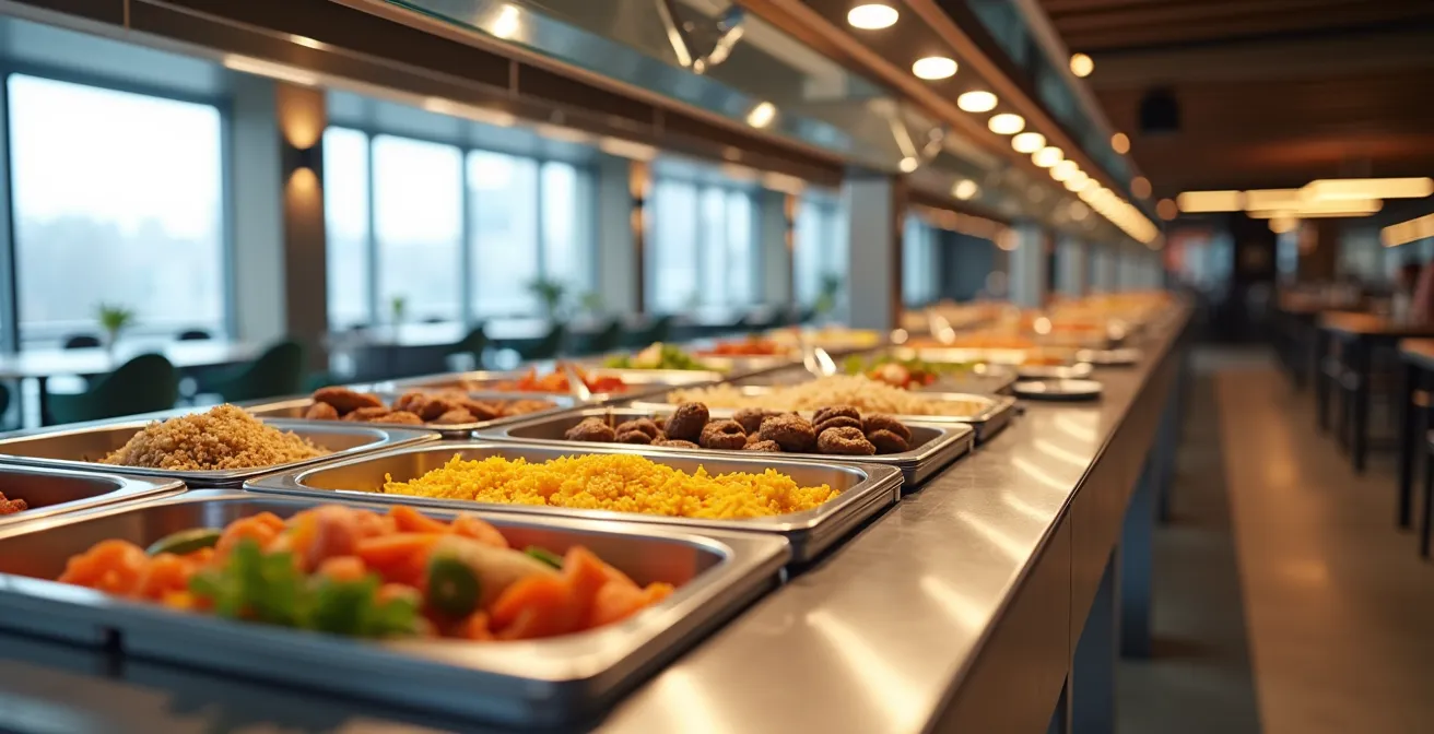 Vue large d'un buffet professionnel avec petits bacs gastronormes en rotation et système de maintien en température moderne