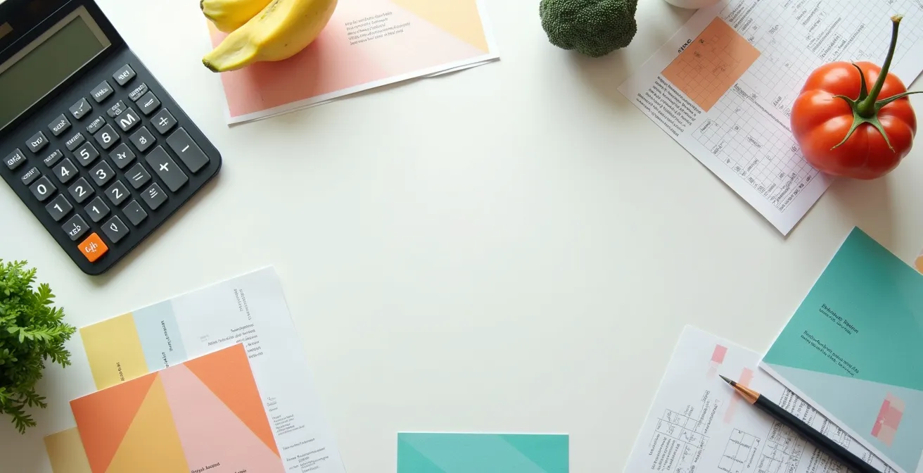 Vue aérienne minimaliste d'un bureau de restaurant avec calculatrice, graphiques de marges et ingrédients disposés géométriquement