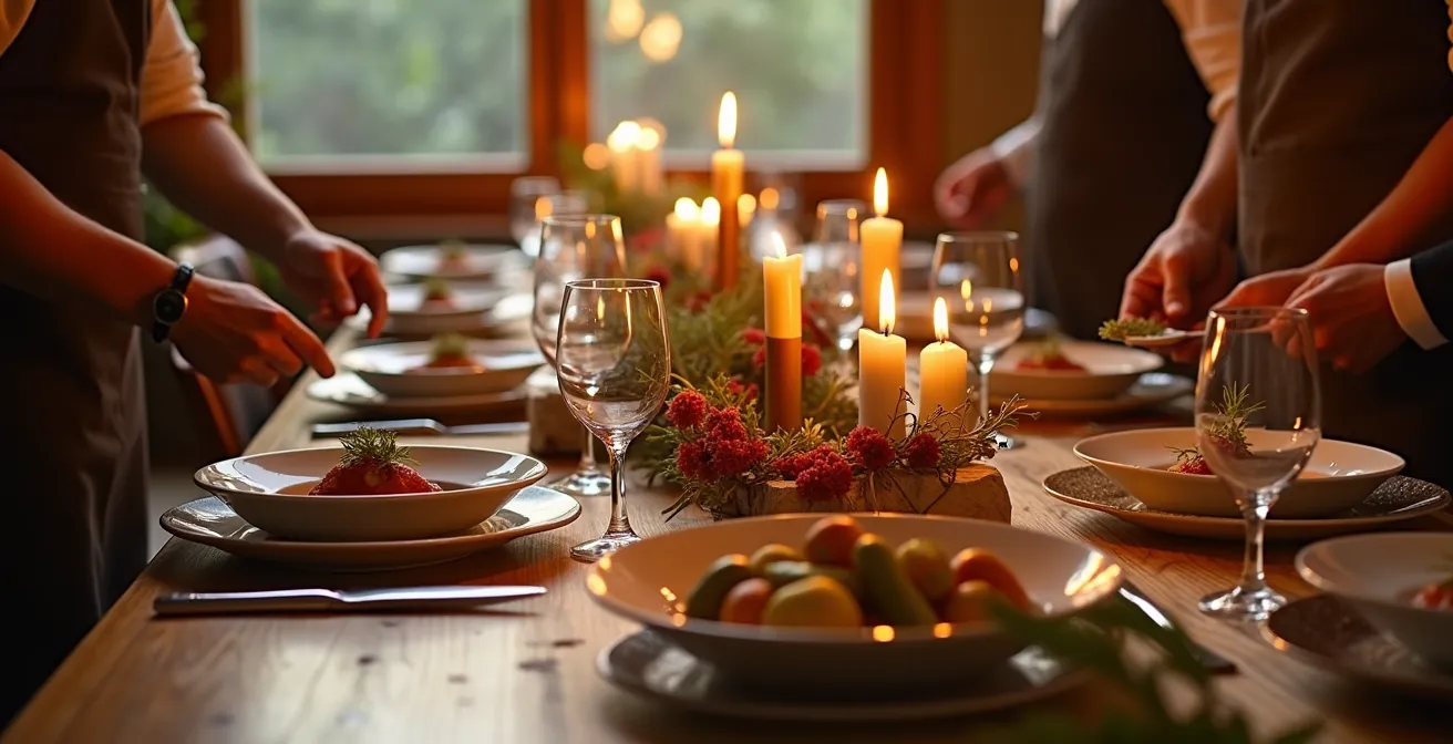 Table de restaurant élégamment dressée pour une célébration traditionnelle locale avec décoration festive