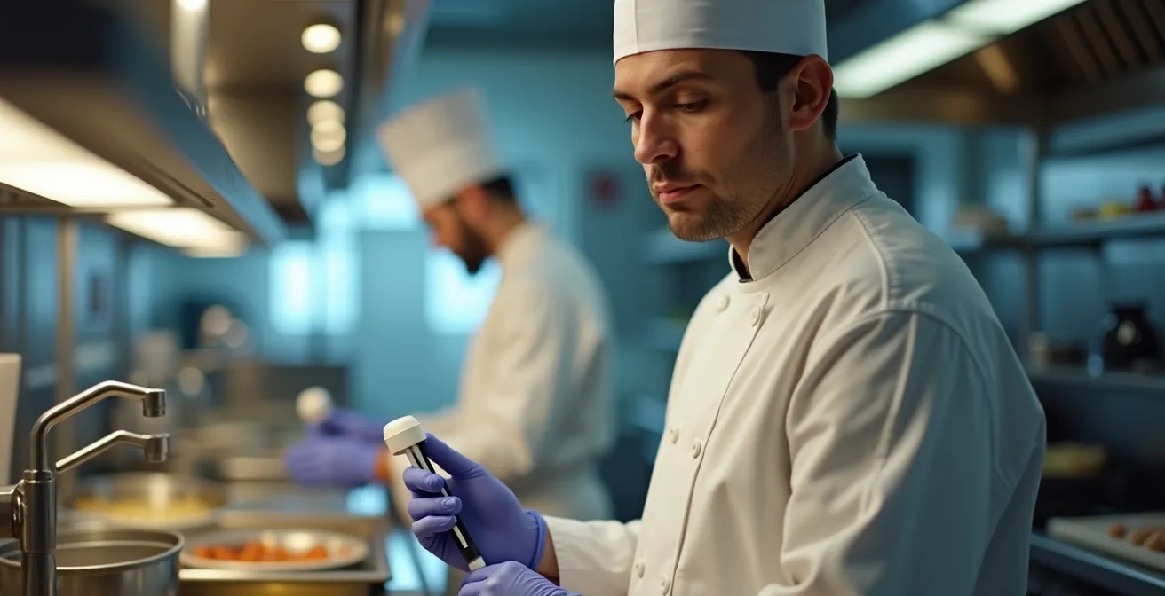 Vue d'ensemble d'une cuisine professionnelle moderne avec un chef réalisant un test de contrôle hygiène