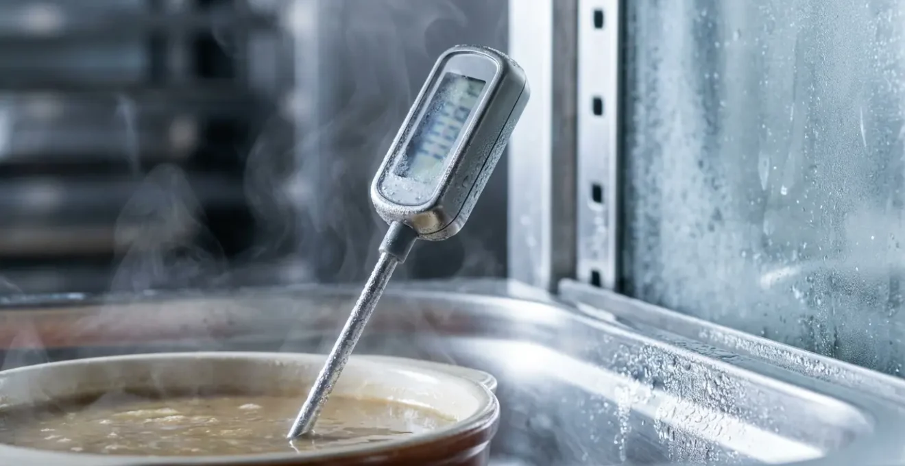 Vue macro détaillée d'une sonde de température plongée dans un plat en cours de refroidissement