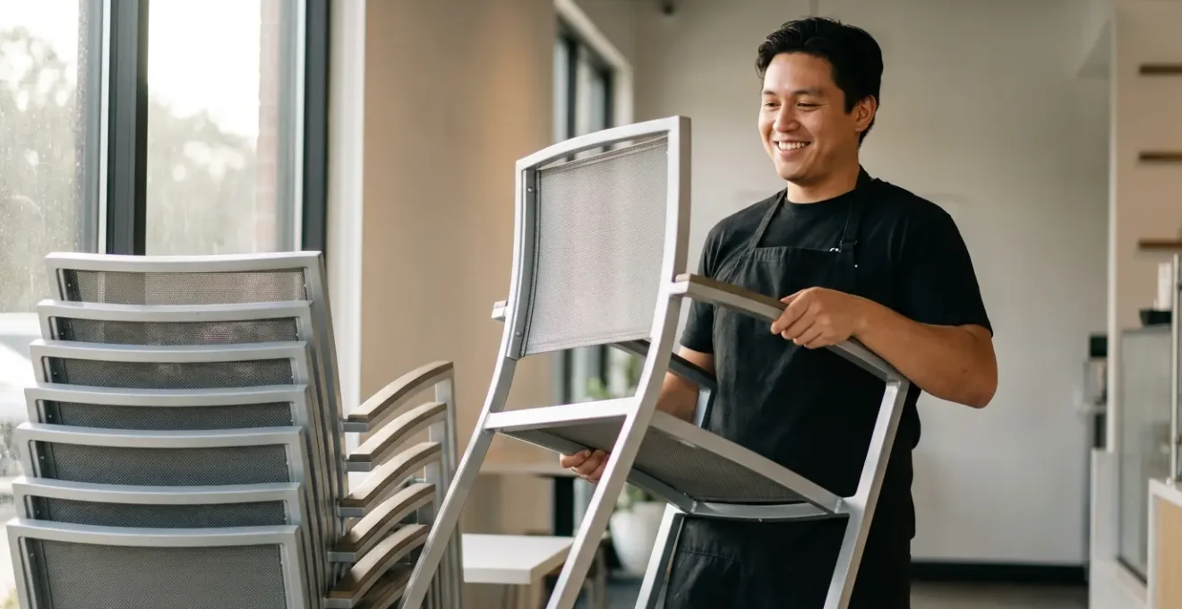 Personnel empilant facilement des chaises légères en aluminium dans un espace de stockage