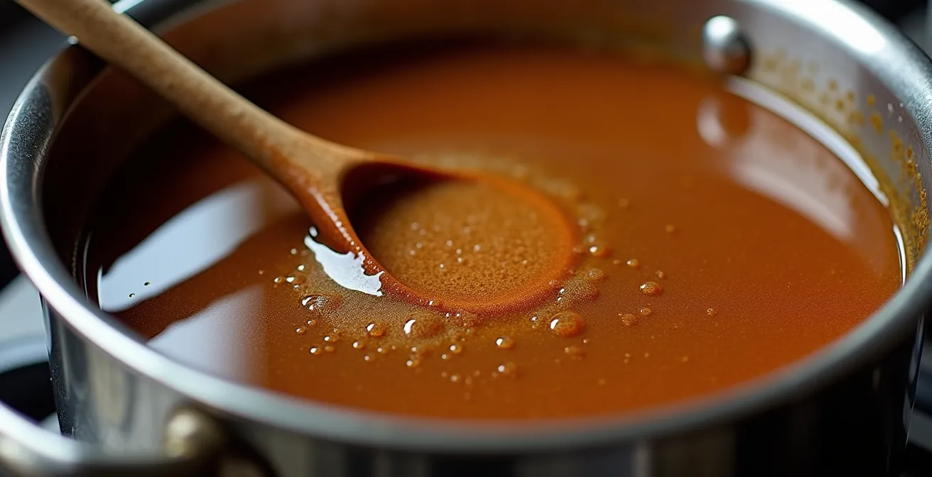 Chef préparant un fond de sauce maison dans une marmite professionnelle