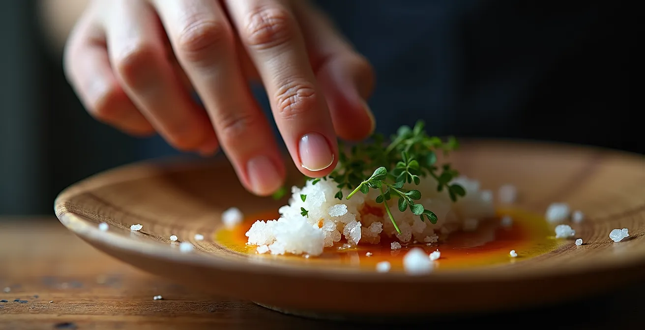 Gros plan macro sur une main de chef ajoutant délicatement un élément signature sur un plat gastronomique