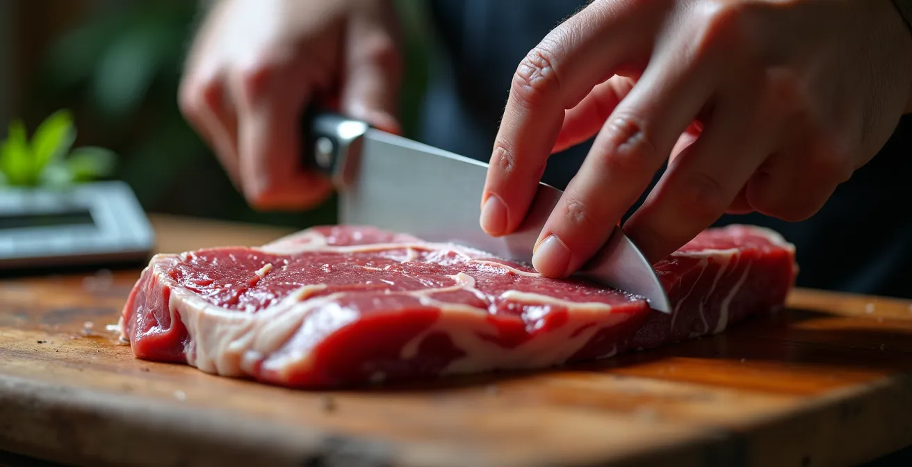 Gros plan macro sur une découpe de viande avec une balance professionnelle en arrière-plan