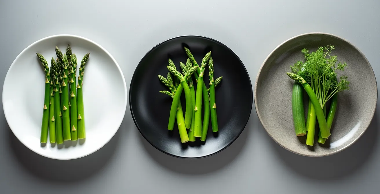 Trois assiettes disposées côte à côte montrant le même arrangement de légumes verts sur fond blanc, noir et grès