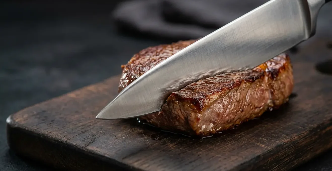 Gros plan sur un couteau de chef professionnel manipulant une pièce de viande avec précision