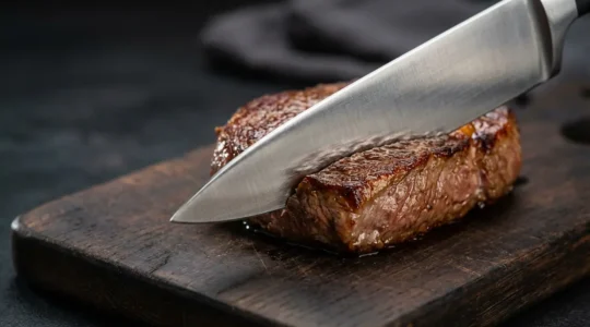 Gros plan sur un couteau de chef professionnel manipulant une pièce de viande avec précision