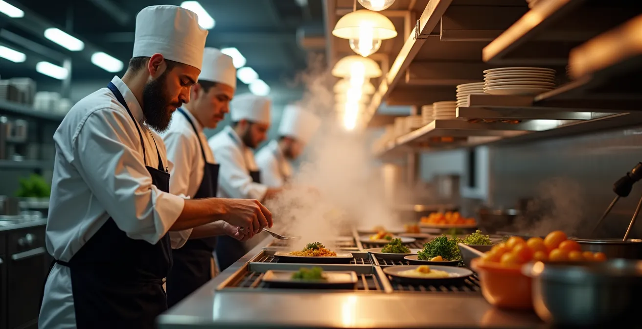 Vue large d'une cuisine professionnelle avec brigade coordonnée travaillant en parfaite harmonie