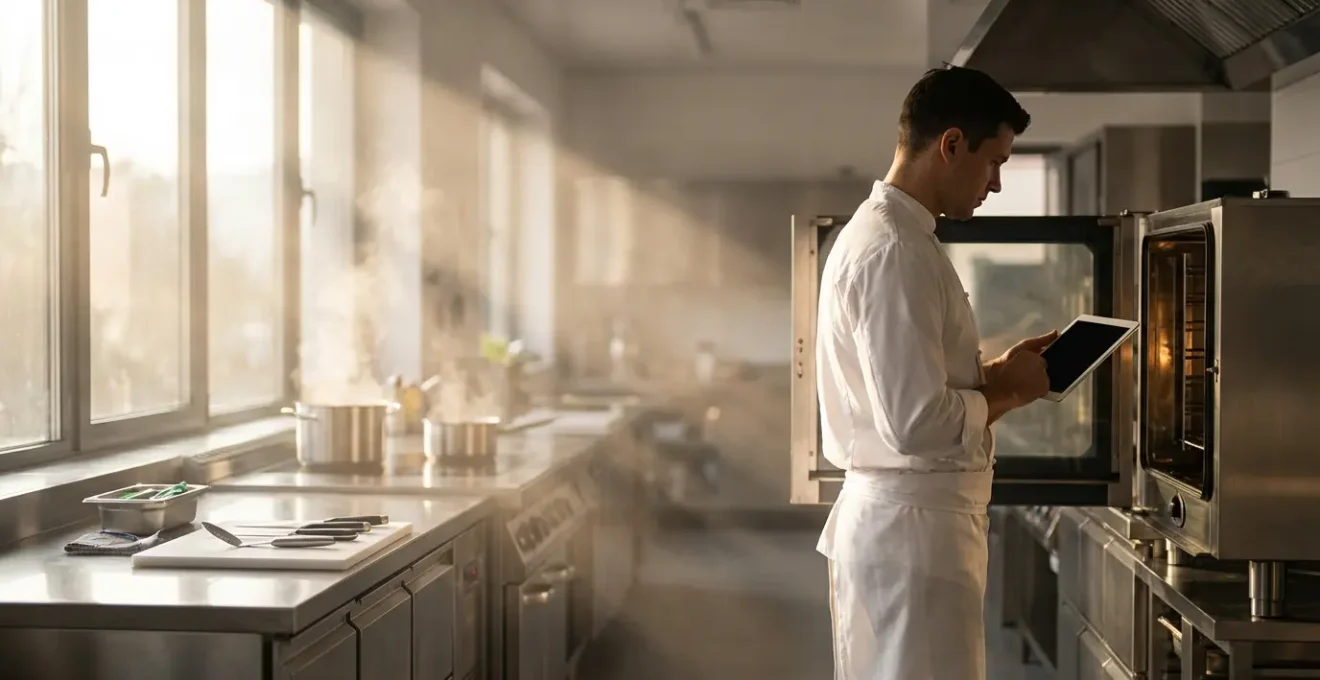 Vue d'un chef inspectant les équipements de cuisine avec une tablette de maintenance