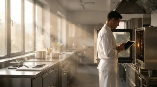 Vue d'un chef inspectant les équipements de cuisine avec une tablette de maintenance