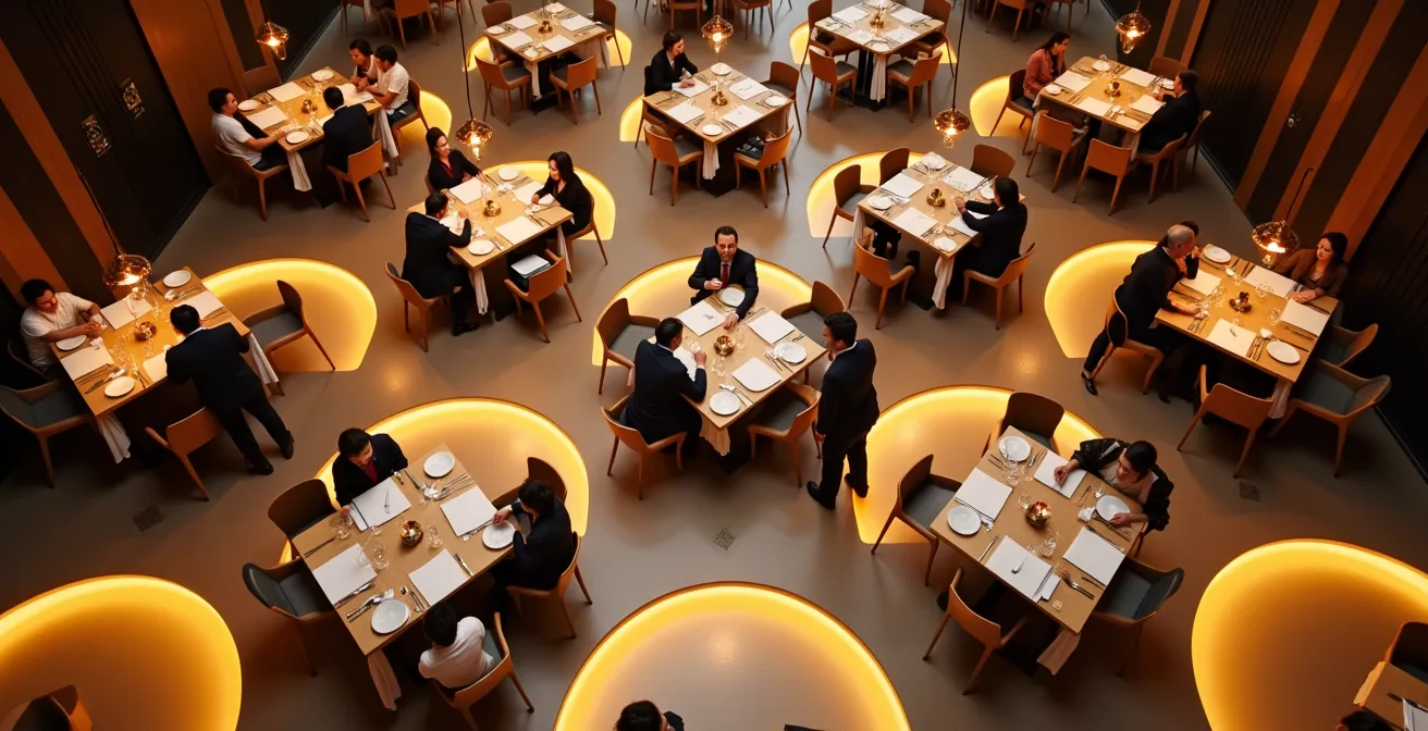 Vue aérienne minimaliste d'un restaurant avec organisation fluide du service