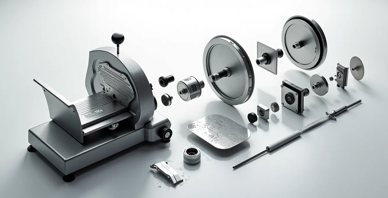 Vue détaillée d'une trancheuse professionnelle démontée pour nettoyage avec focus sur les zones cachées