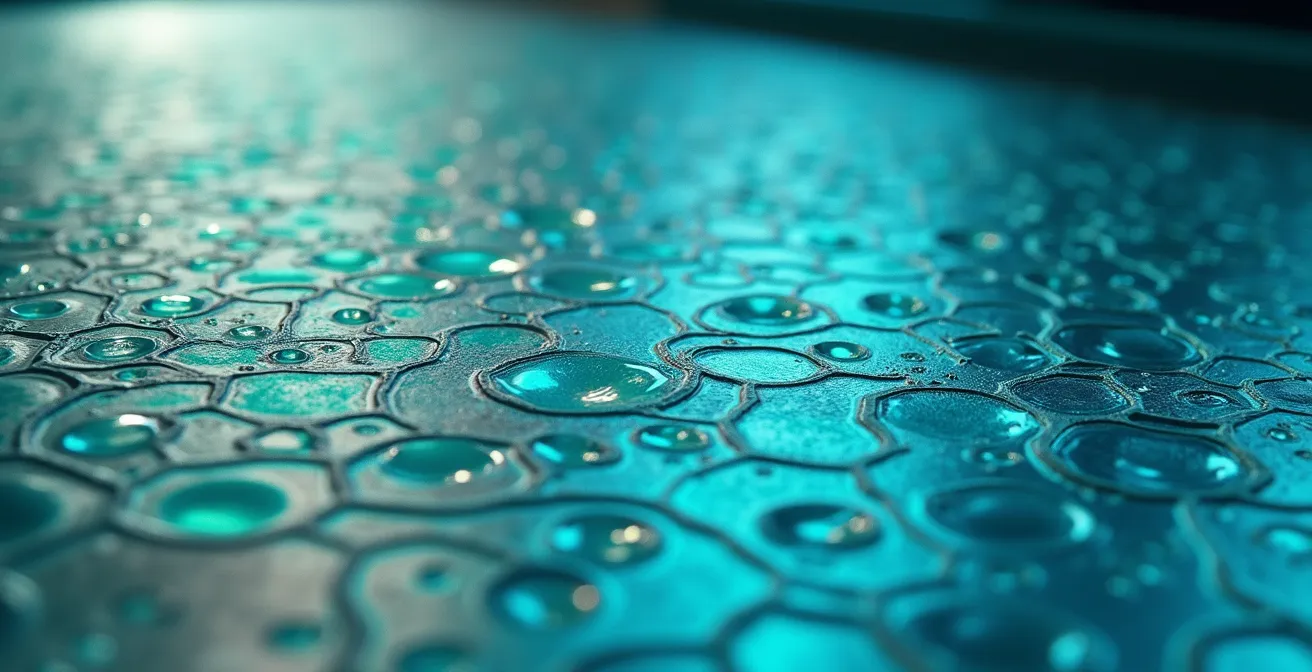 Vue macro d'une surface de travail en acier inoxydable montrant la formation de biofilm avec des colonies bactériennes colorées