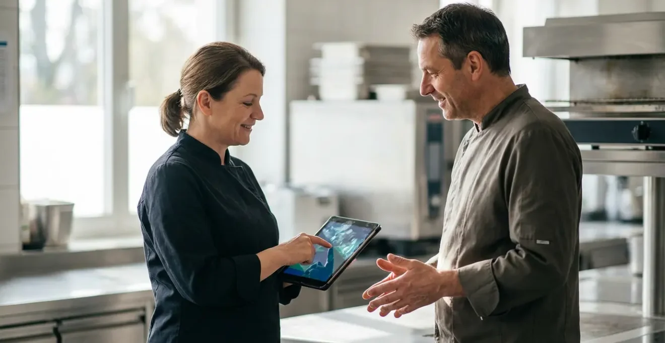 Deux professionnels en discussion dans un environnement de cuisine, l'un tenant une tablette, dans une atmosphère collaborative