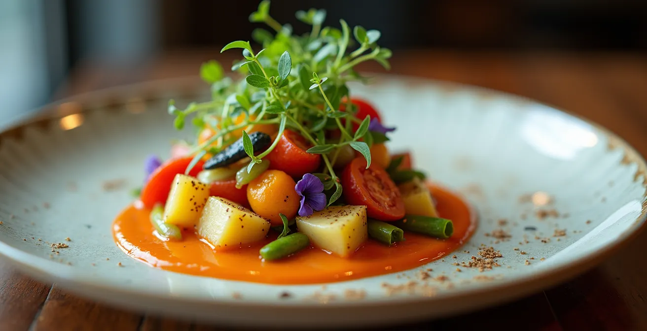 Plat gastronomique dressé sur assiette vintage dépareillée avec technique de plating moderne