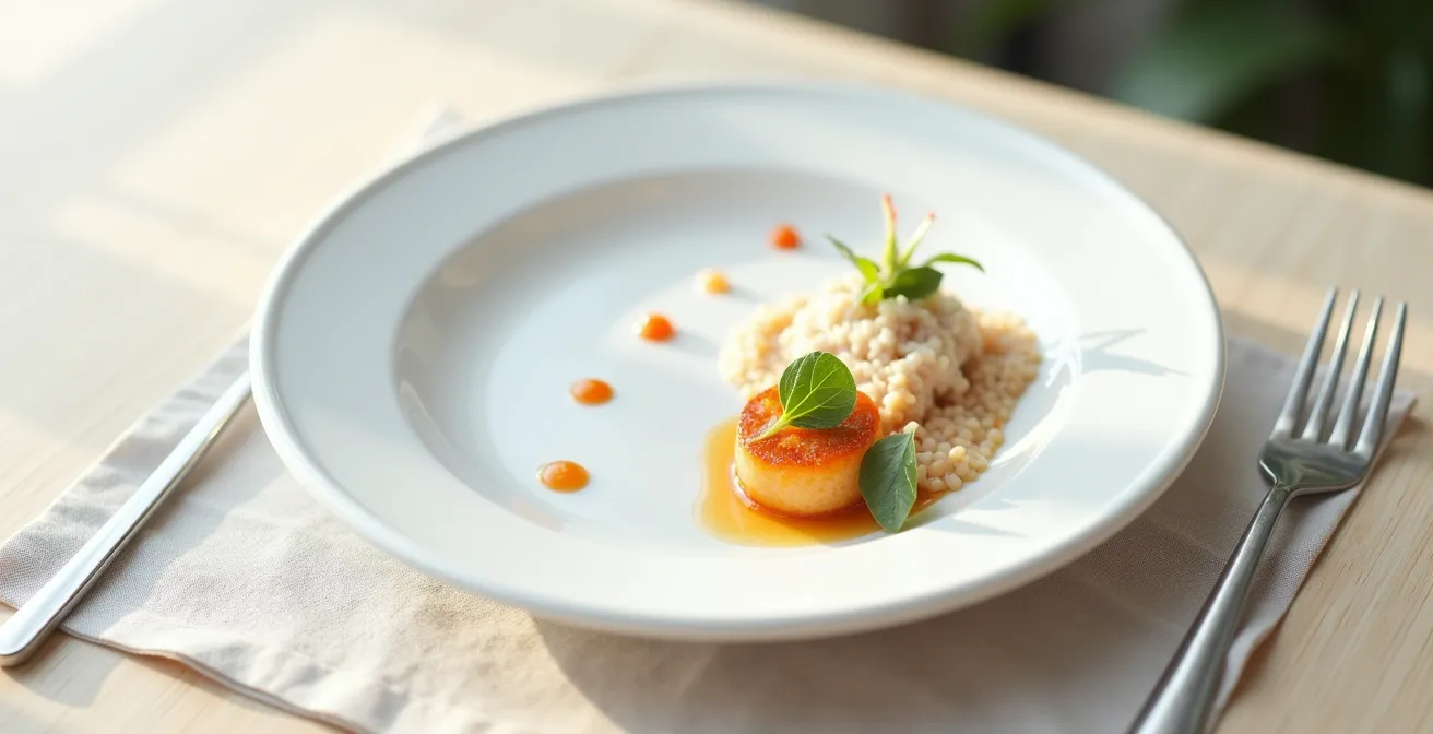 Plat fusion avec dressage asymétrique créatif mettant en valeur les contrastes culturels