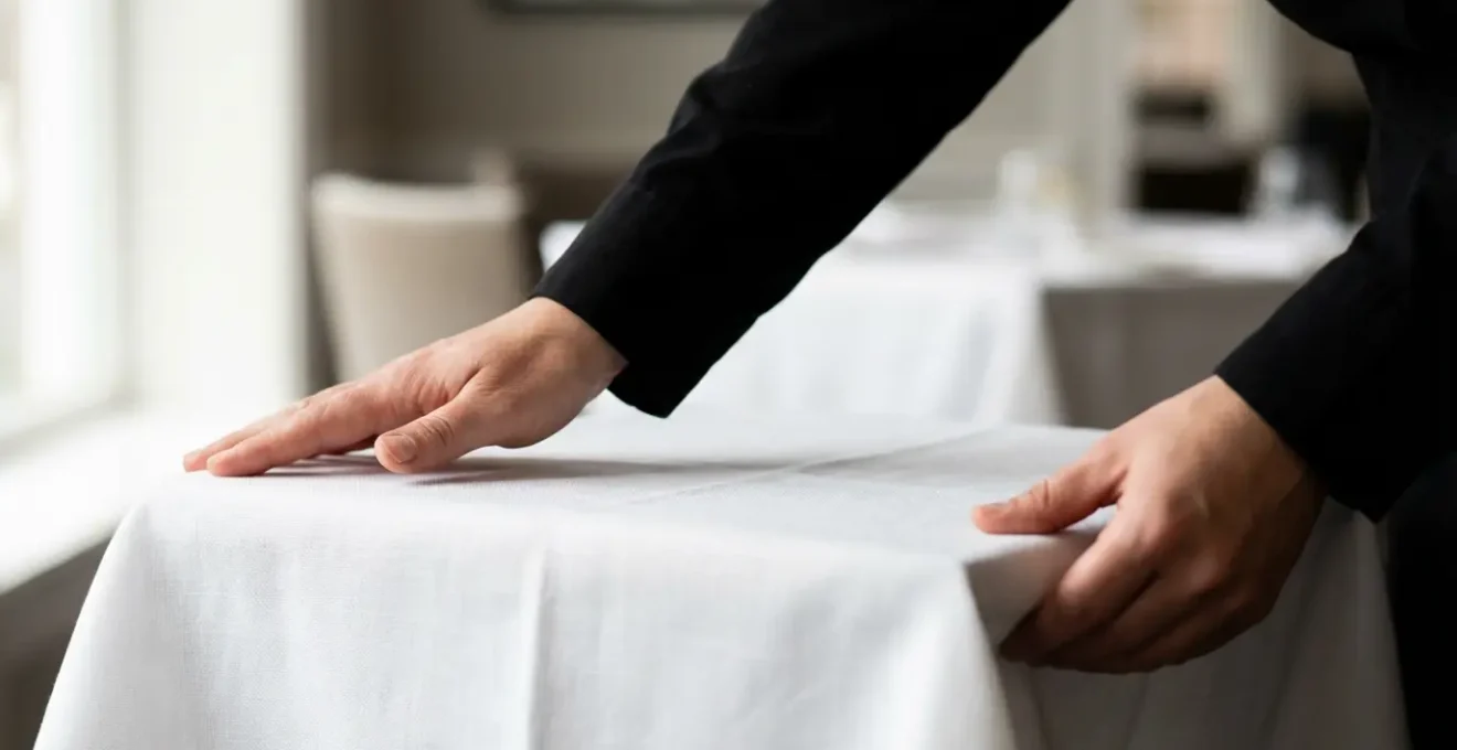 Serveur professionnel lissant méticuleusement une nappe blanche sur une table de restaurant