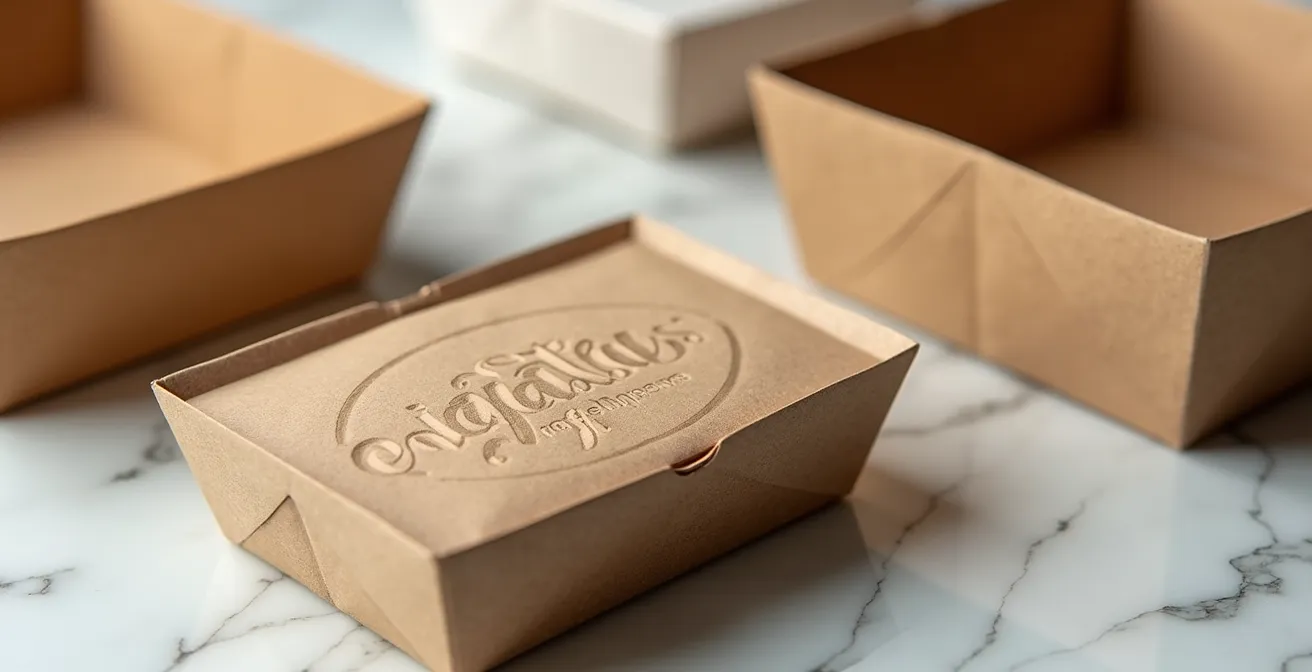 Présentation élégante d'emballages éco-responsables haut de gamme pour le room service avec matériaux naturels