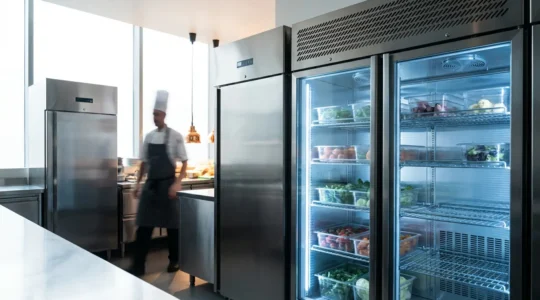 Vue d'ensemble d'une cuisine professionnelle moderne avec différents équipements frigorifiques en acier inoxydable