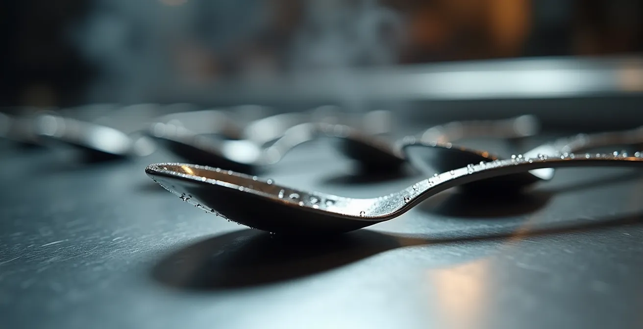 Plan macro sur une série d'ustensiles de service calibrés alignés sur un plan de travail en inox