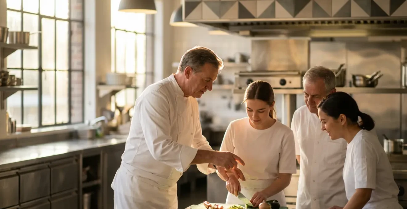 Équipe de restauration en formation pratique avec chef formateur dans cuisine professionnelle moderne