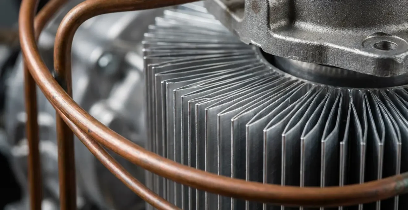 Vue macro détaillée d'un compresseur frigorifique professionnel avec tuyauteries en cuivre