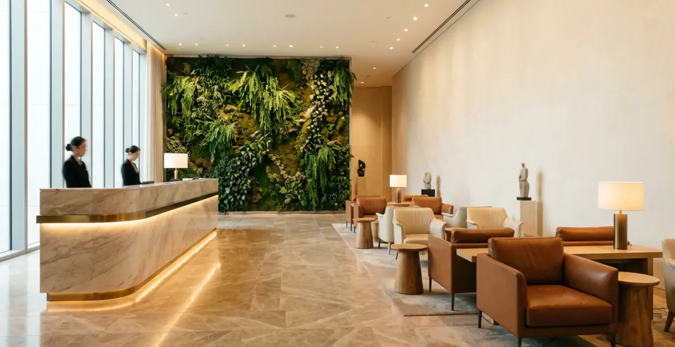 Hall d'entrée d'un hôtel moderne avec réception en marbre et espace lounge élégant