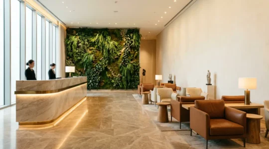 Hall d'entrée d'un hôtel moderne avec réception en marbre et espace lounge élégant