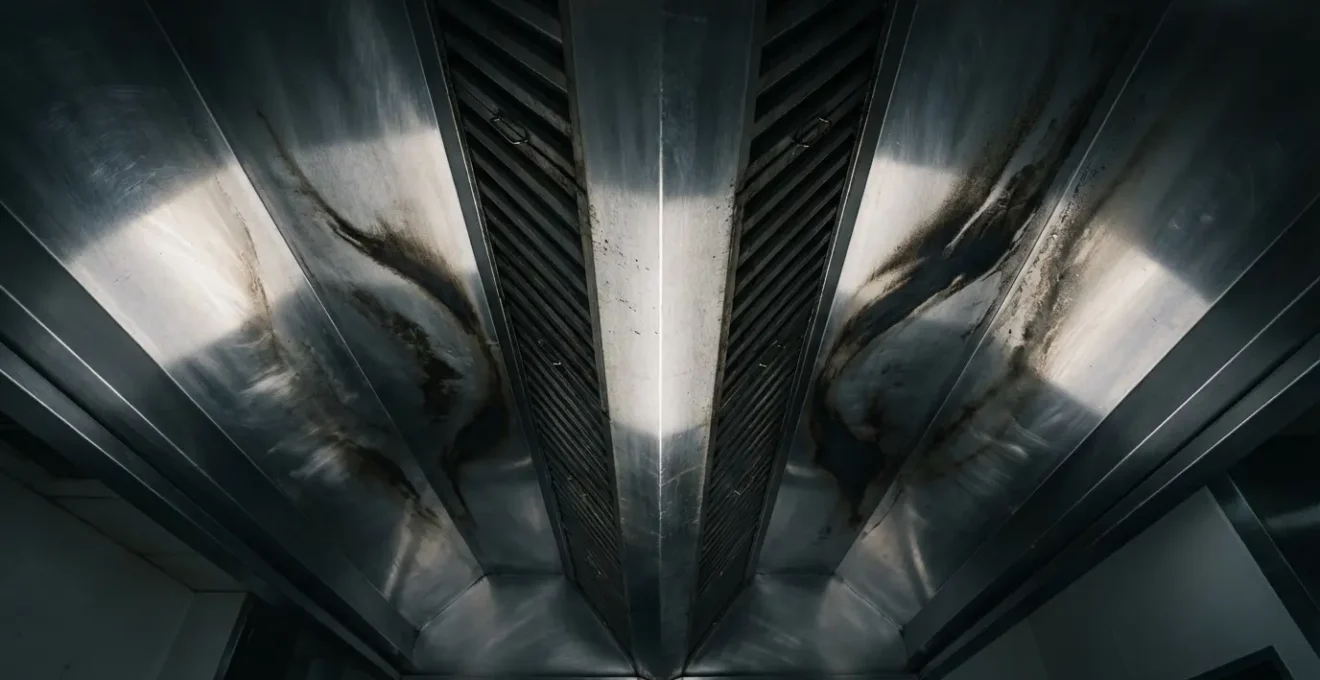 Vue en contre-plongée de l'intérieur d'une hotte de cuisine professionnelle montrant l'accumulation de graisses