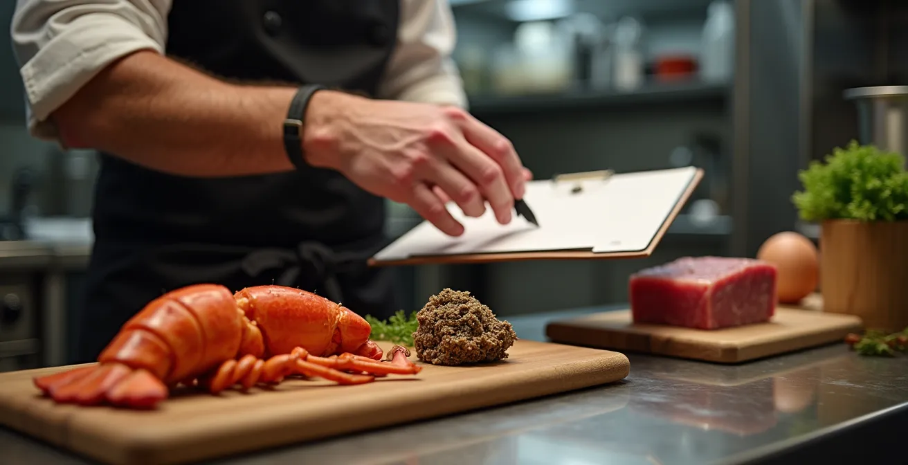 Gros plan sur les mains d'un chef effectuant un inventaire surprise avec clipboard et produits premium disposés sur plan de travail inox
