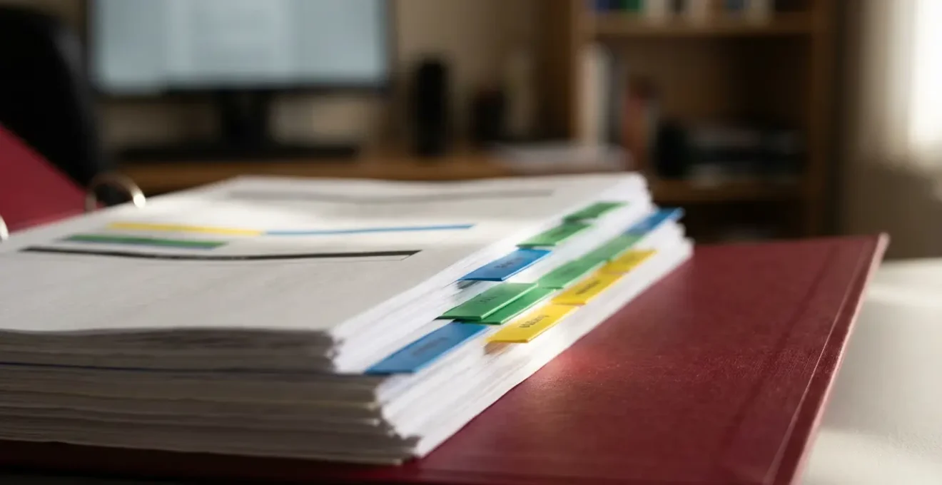 Gros plan sur un classeur rouge professionnel ouvert montrant des intercalaires colorés et des documents organisés