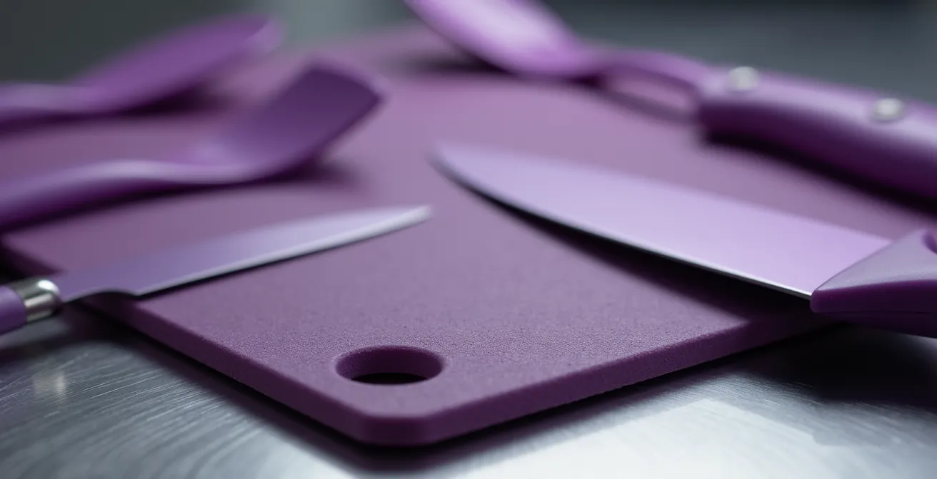 Kit d'ustensiles violets dédiés aux préparations sans allergènes sur plan de travail