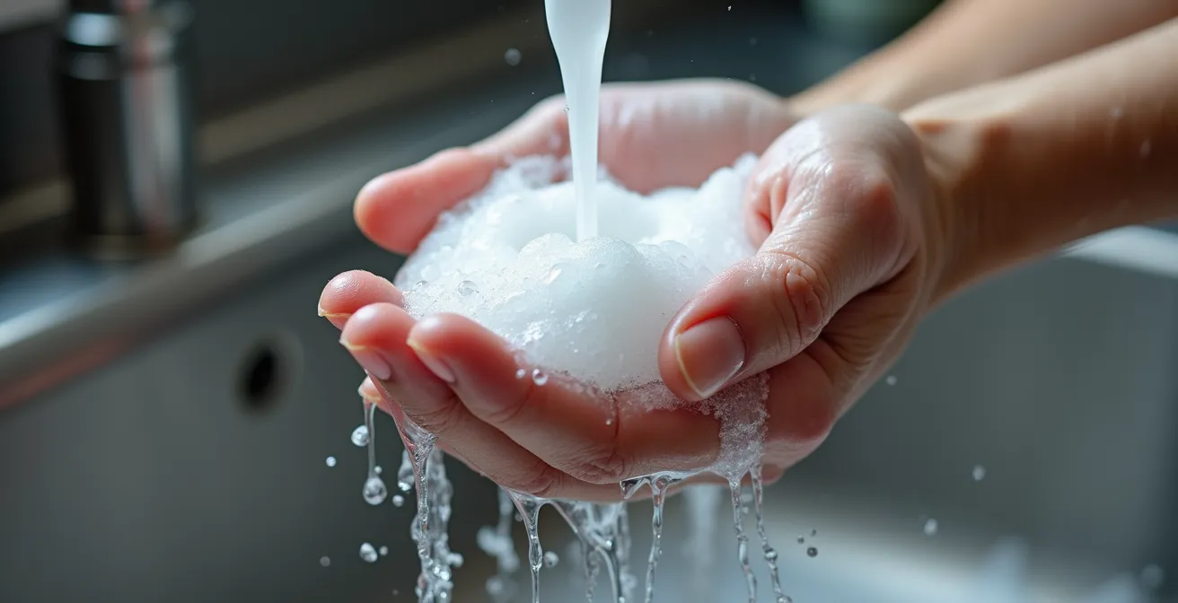 Gros plan sur des mains en train d'être lavées avec du savon professionnel dans un évier en inox de cuisine