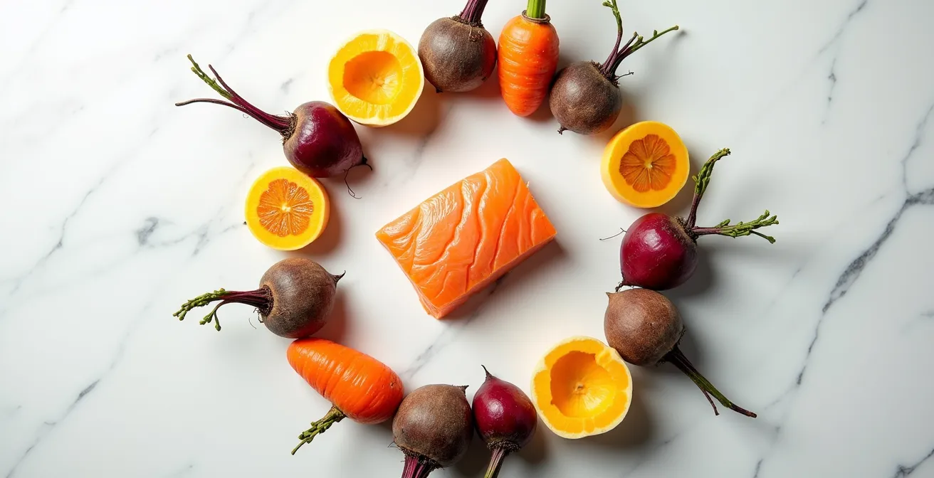 Légumes de saison disposés en cercle autour d'un ingrédient central, symbolisant la méthode de l'ingrédient pivot