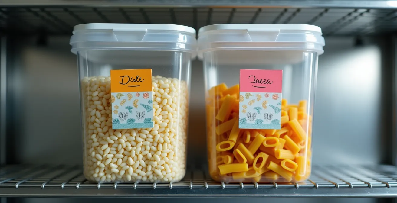 Système de bacs jumeaux colorés sur étagère métallique dans un économat organisé