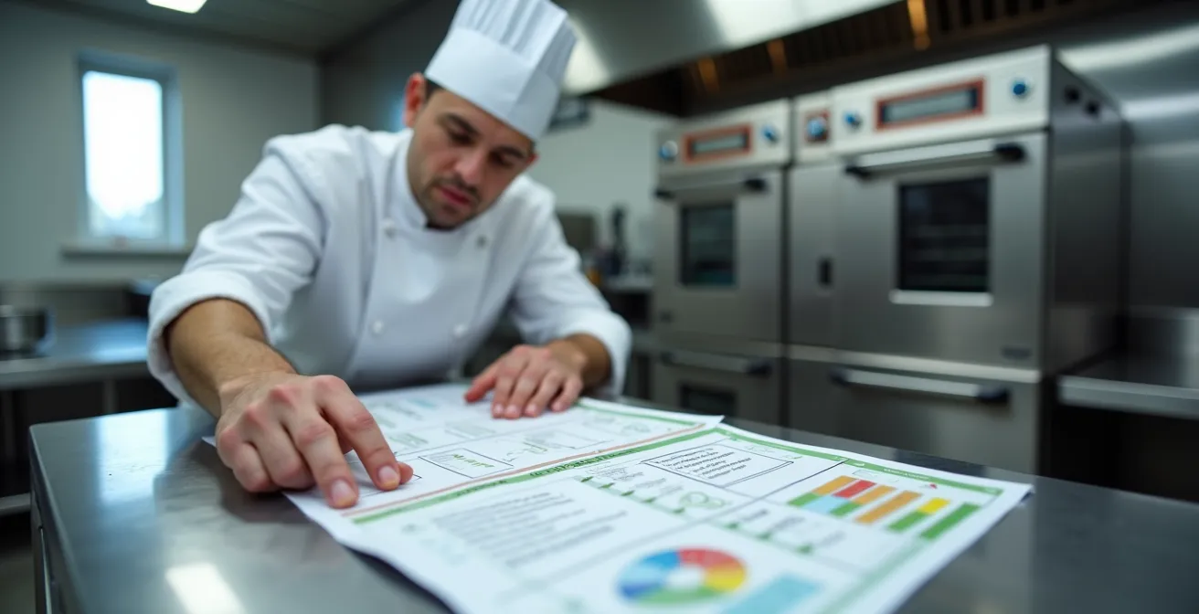 Chef consultant documents PMS avec nouvel équipement de cuisine en arrière-plan