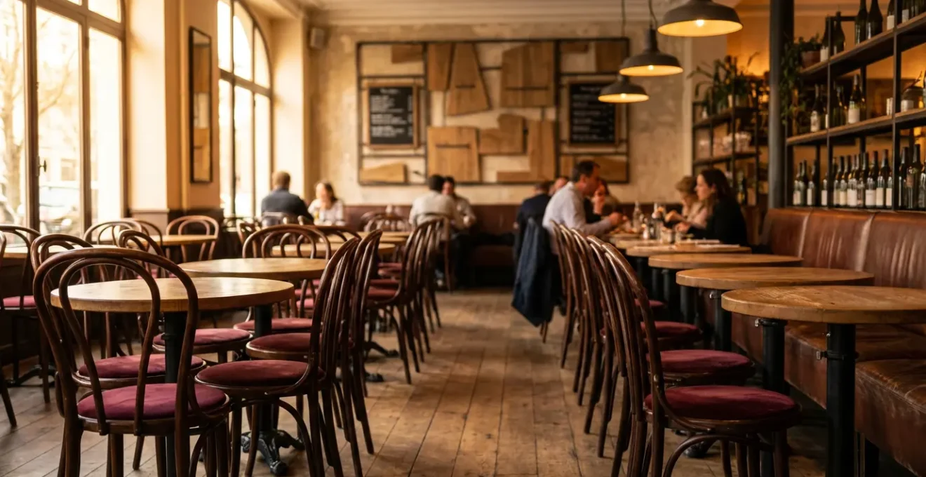 Salle de restaurant moderne avec chaises professionnelles en velours et tables rondes en bois