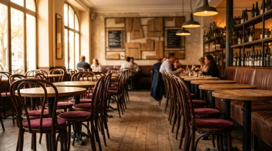 Salle de restaurant moderne avec chaises professionnelles en velours et tables rondes en bois